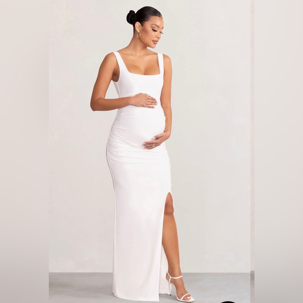Club L London white square neck maternity dress with leg slit (size 6)